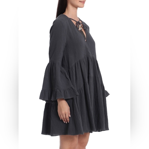 AVEC LES FILLES Gray Oversized Fit Cotton Mini-Tiered Dress XS - Picture 2 of 9